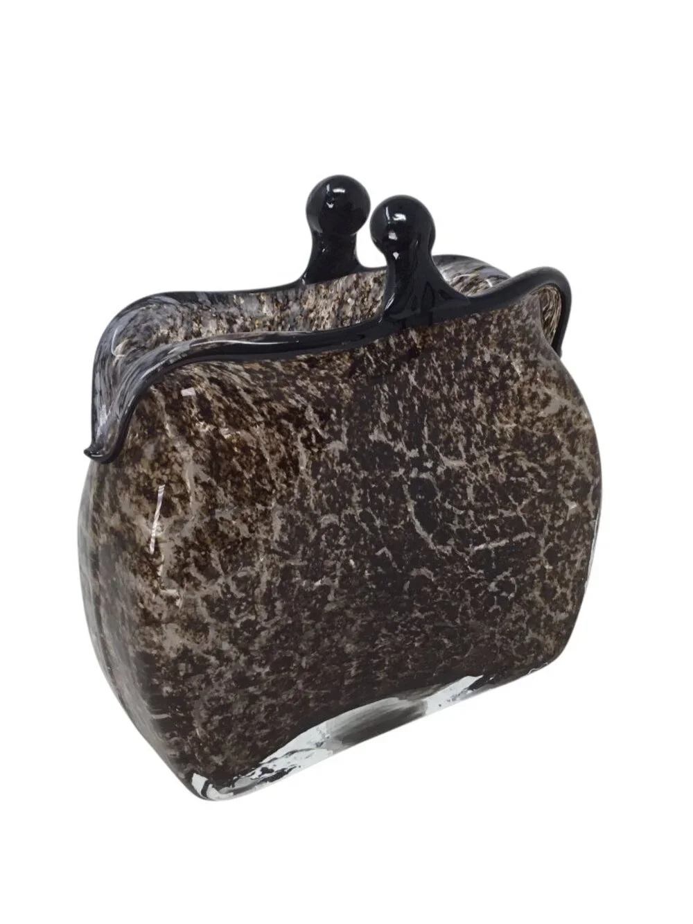 Hand Blown Art Glass Vase Purse Shape Kiss Clasp Brown Mottled